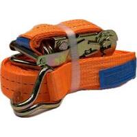 Fascia di ancoraggio in poliestere con cricchetto e ganci ad uncino. Lunghezza 6 mt, (0.3+5.7) altezza fascia 35 mm, portata 2 ton